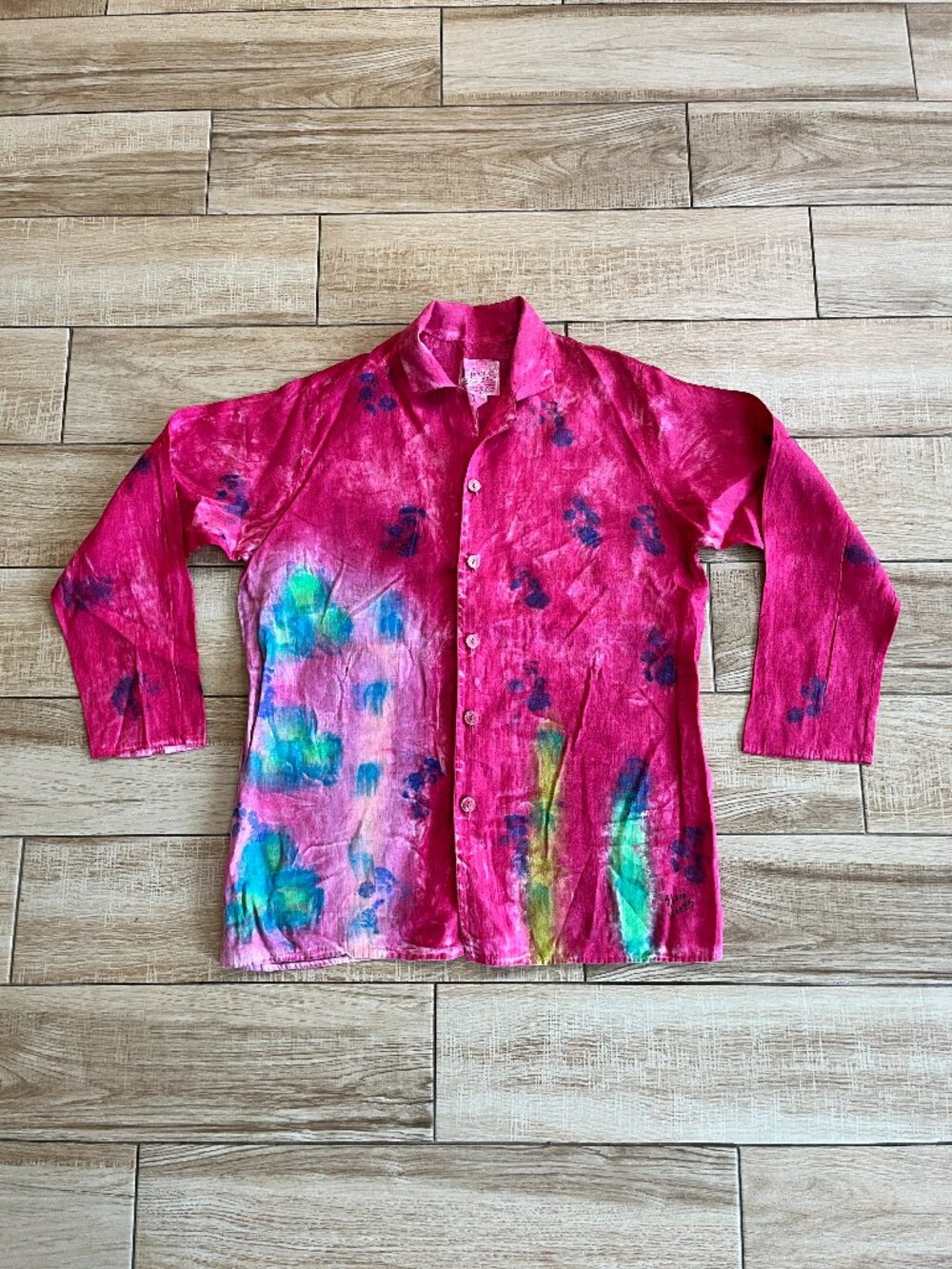 Womens Sloop Jones Pink Tie Dye Linen Button Up - S